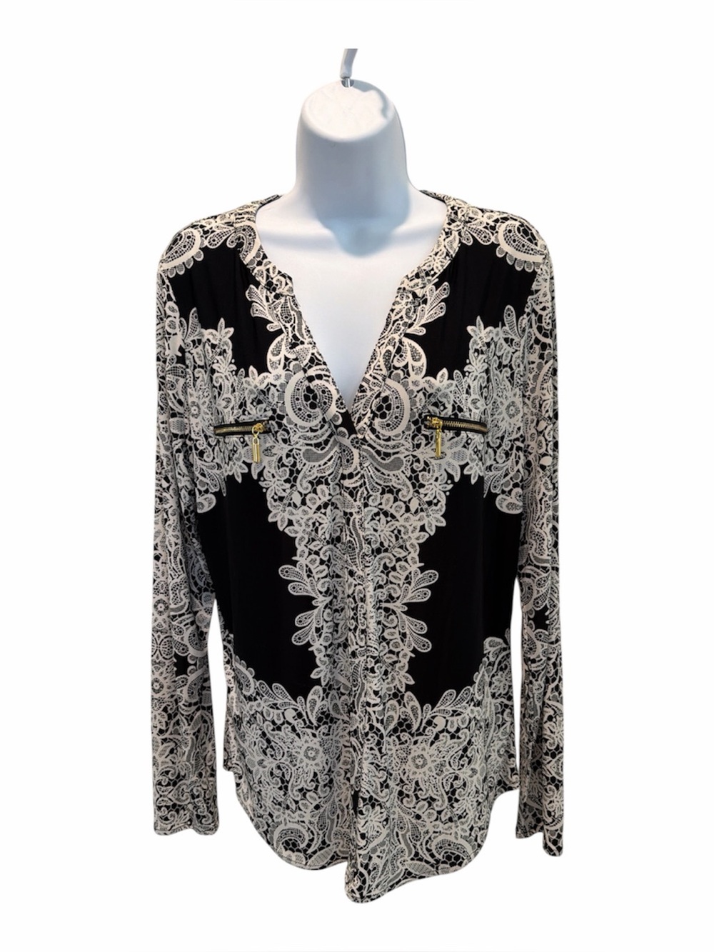 INC International Concepts Black & White Lace Print Blouse size large
